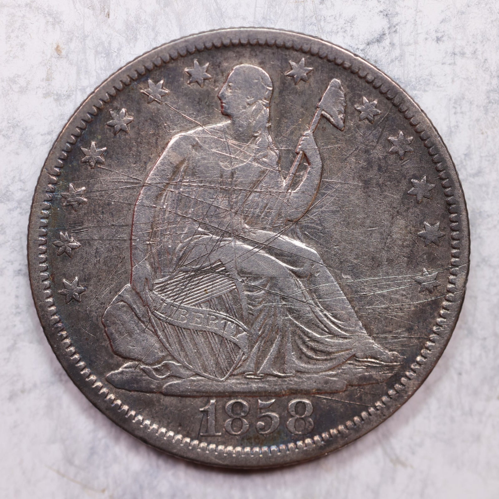 1858-O Liberty Seated Half Dollar, Very Good Circulated Coin, Store #HR1381
