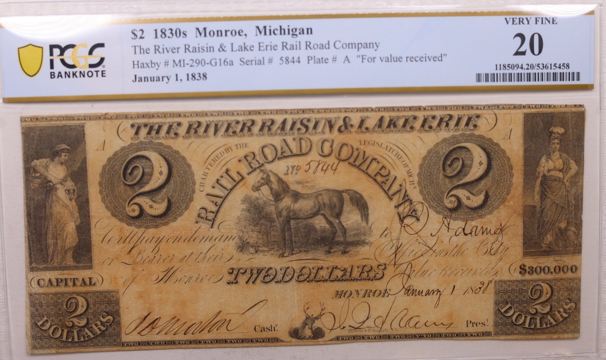 1838 $2, Monroe, MI. River Raisin & Erie R/R, MI-290-G16a, PCGS VF-20, Store #GMI0138.