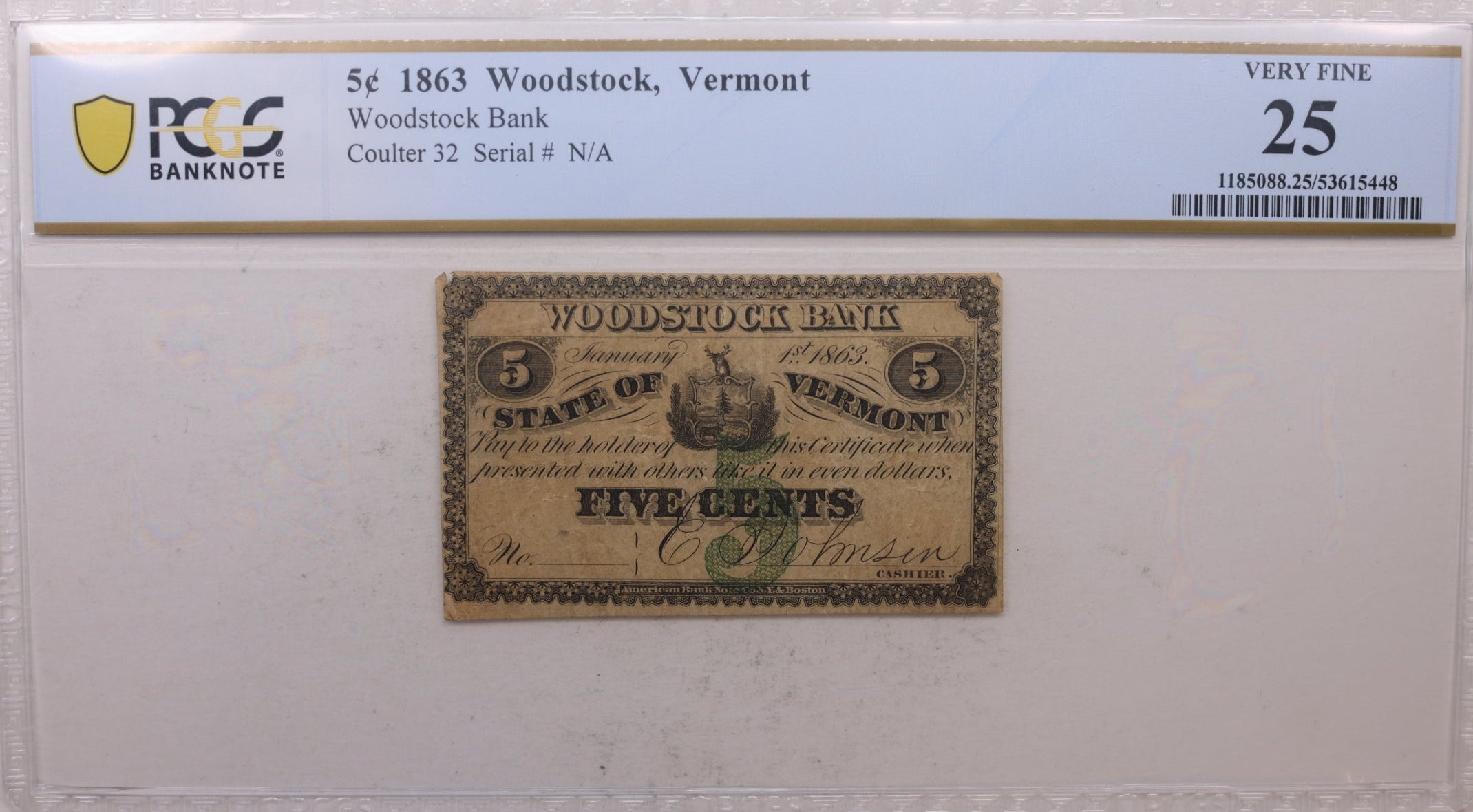 1863 5 Cent, Woodstock, Vermont, Woodstock Bank, PCGS VF-25, Store #GVT001