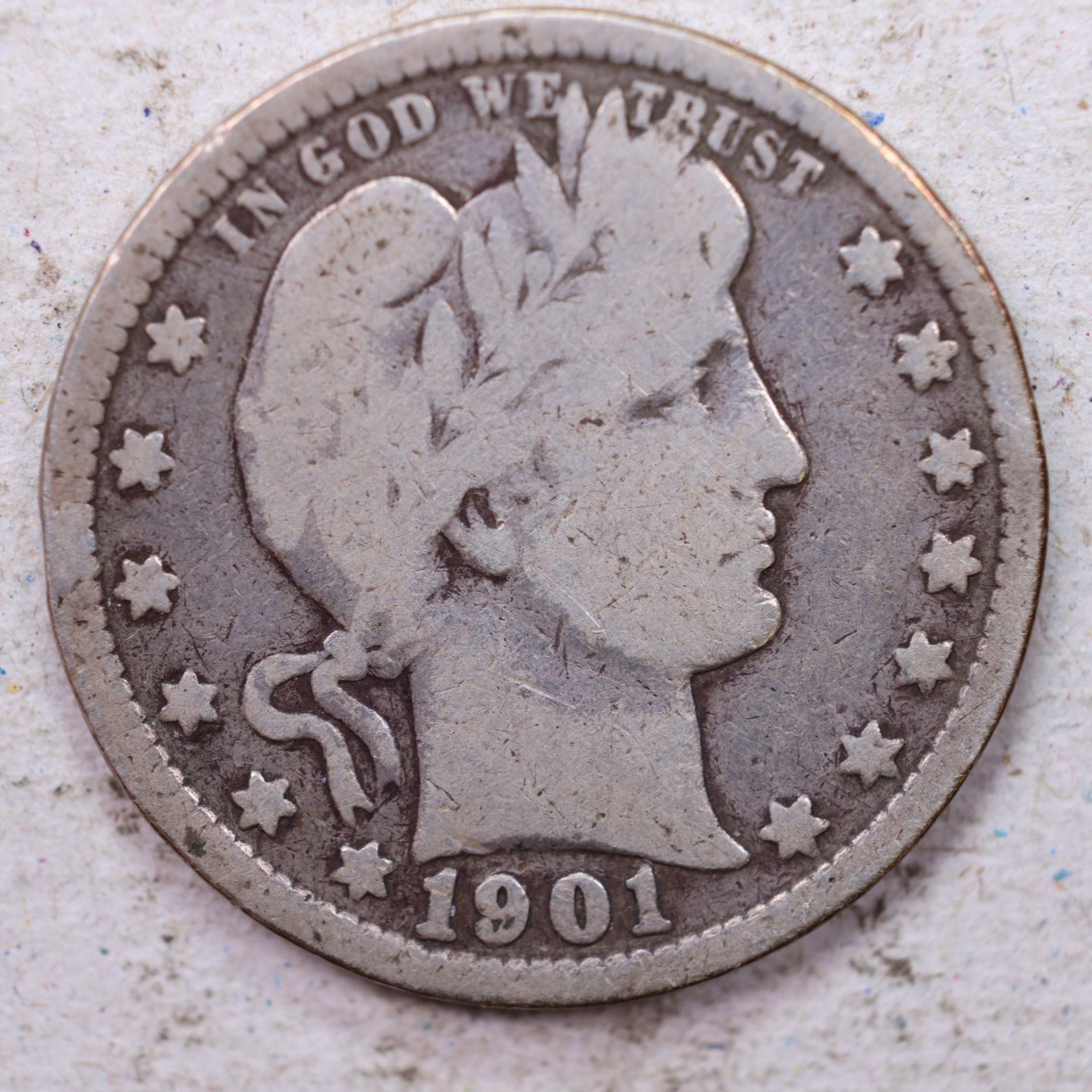 1901 Barber Silver Quarter, Very Good Circulated Collectible Coin, Store #QR1506