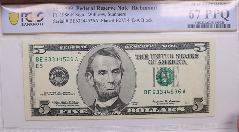 1995 $5., Federal Reserve Bank Note., PCGS CU-67 PPQ., GFRB071