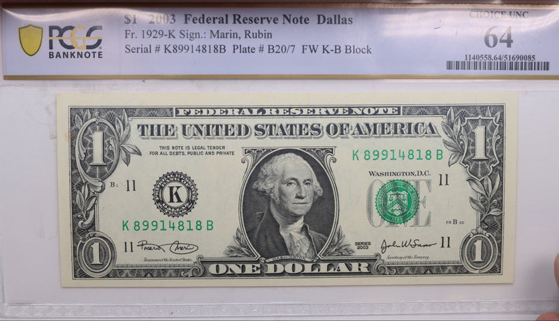 2003 $1., Federal Reserve Bank Note., PCGS CU-64., GFRB075