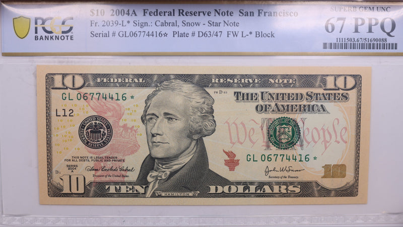 2004A $10., Federal Reserve Bank Note., PCGS CU-67., PPQ., GFRB078