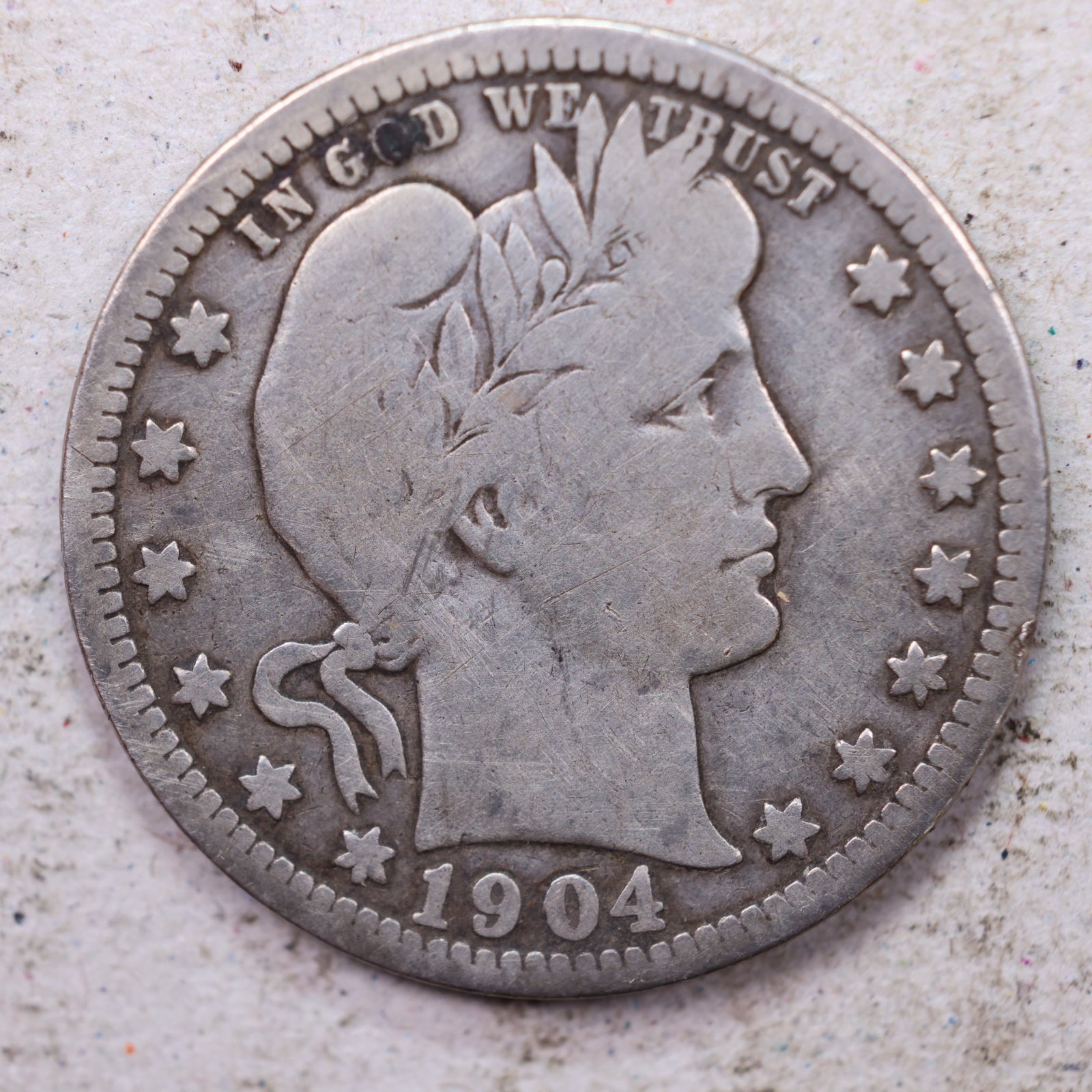 1904-O Barber Silver Quarter, Very Good Circulated Coin, Store #QR1507