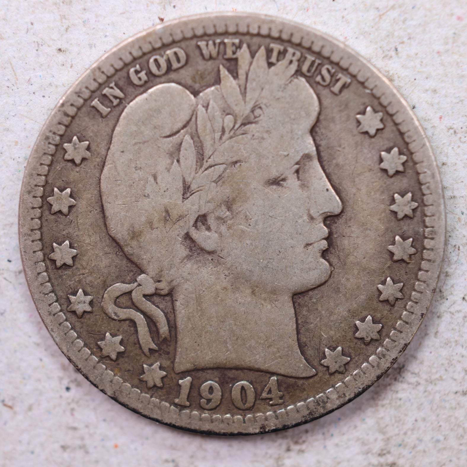 1904-O Barber Silver Quarter, Very Good Circulated Coin, Store #QR1507