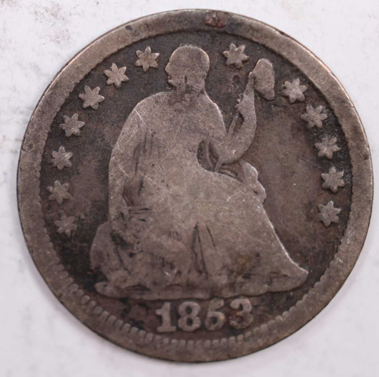 1853 Seated Liberty Half Dime., Very Good Circulated Silver Coin., Sale #HE0004