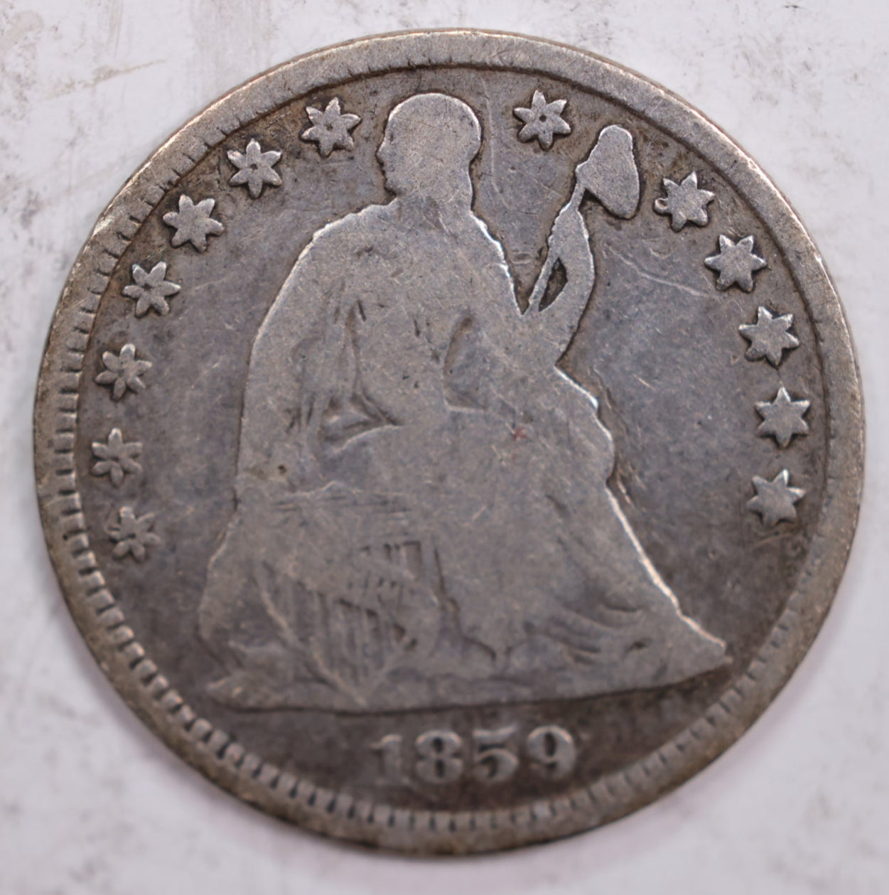 1859 Seated Liberty Half Dime., Fine Circulated Silver Coin., Sale #HE0005