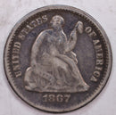 1867-S Seated Liberty Half Dime., Very Fine Details., Circulated Silver Coin.,