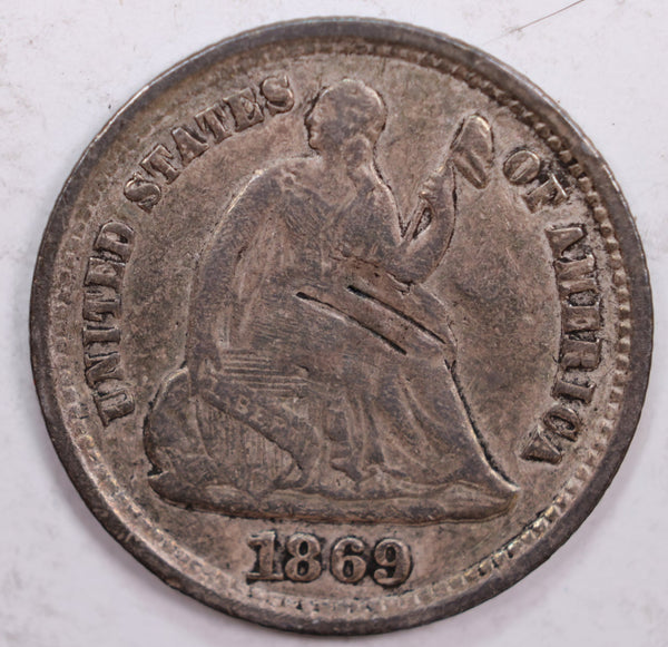 1869-S Seated Liberty Half Dime., Very Fine Details., Circulated Silver Coin., #HE0007