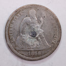 1866 Seated Liberty Silver Dime., DETAILED  Circulated Coin., STORE