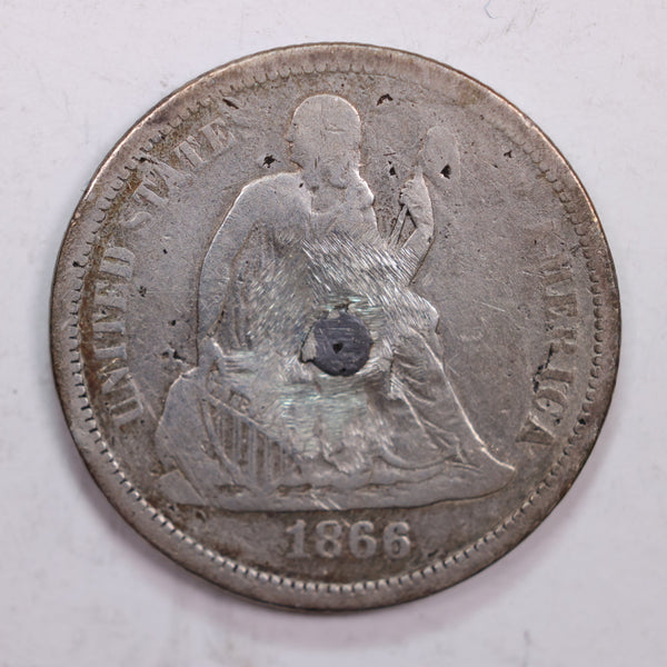 1866 Seated Liberty Silver Dime., DETAILED  Circulated Coin., STORE #DE0084