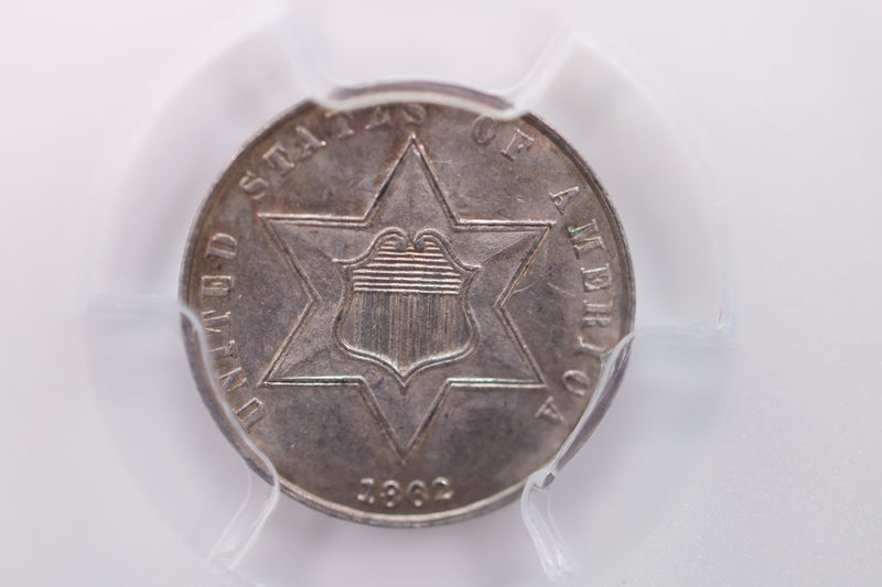 1862/61 Three Cent Silver, Overdate, PCGS MS-62., SALE