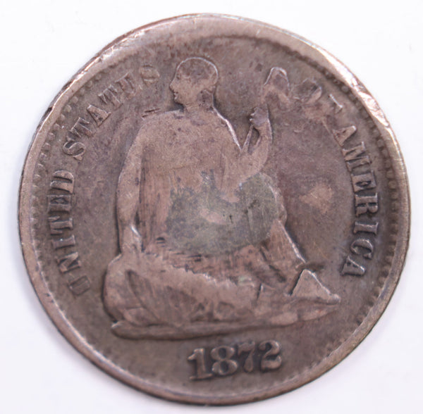 1872-S Seated Liberty Half Dime., Fine Details., Circulated Coin., STORE #HE0009