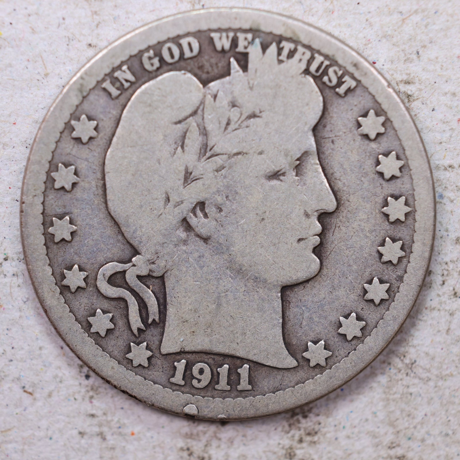 1911-S Barber Silver Quarter, Very Good Circulated Collectible Coin, Store #QR1528.