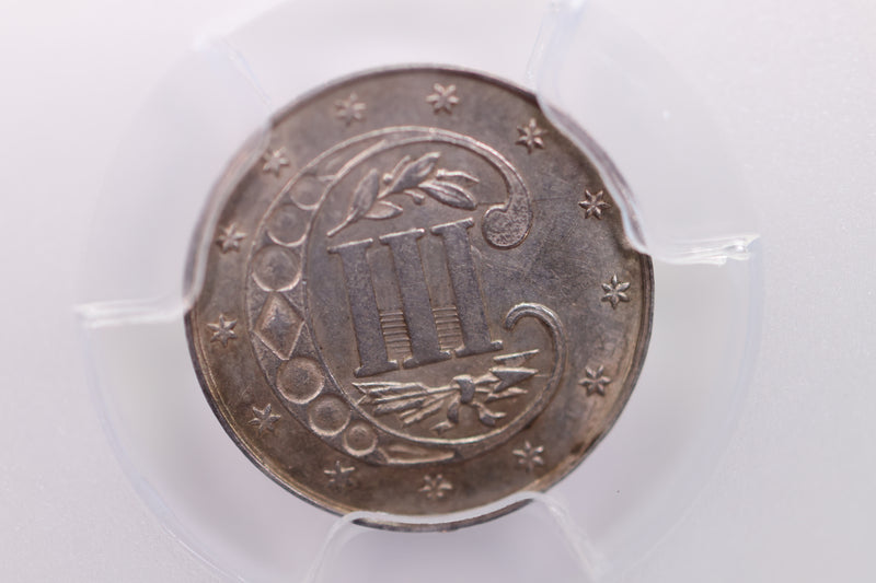 1862/61 Three Cent Silver, Overdate, PCGS MS-62., SALE