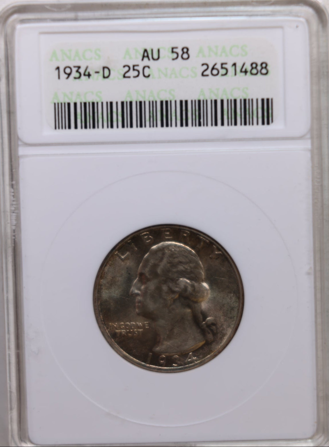 1934-D Washington Silver Quarter, ANACS Soap Box AU-58, Store Sale #QR1463
