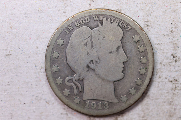 1913 Barber Silver Quarter., Good., Circulated Coin., Store #1452