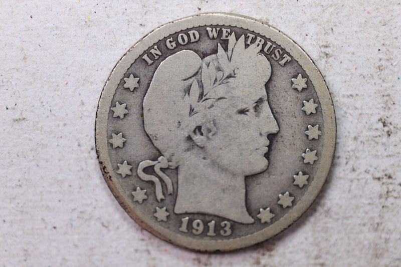 1913-D Barber Silver Quarter, Very Good Circulated Coin, Store