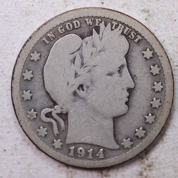 1914-S Barber Silver Quarter, Very Good Circulated Coin, Store #1461