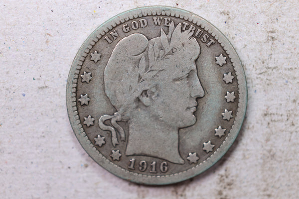 1916 Barber Silver Quarter., Very Good., Circulated Coin., Store #1468