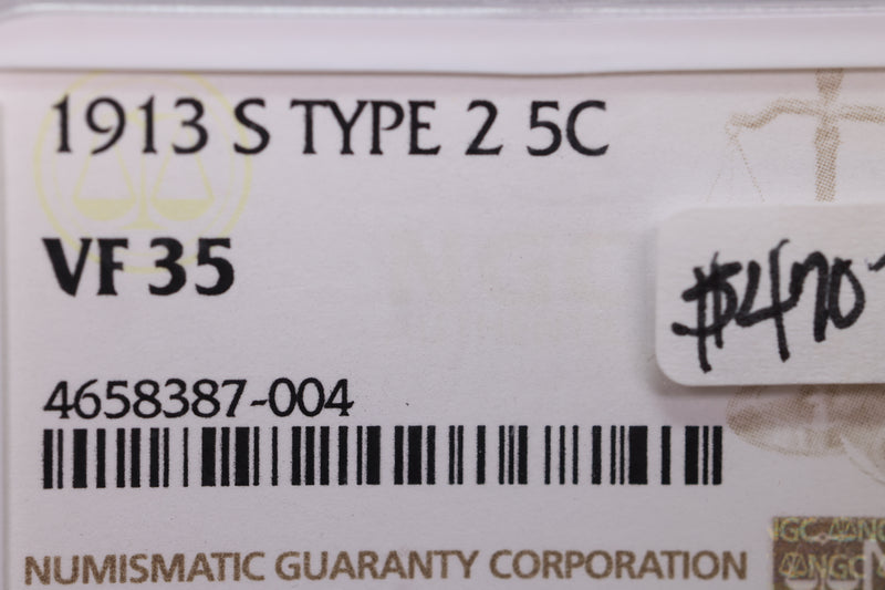 1913-S Buffalo Nickel., Type-2., NGC Graded VF-35., SALE