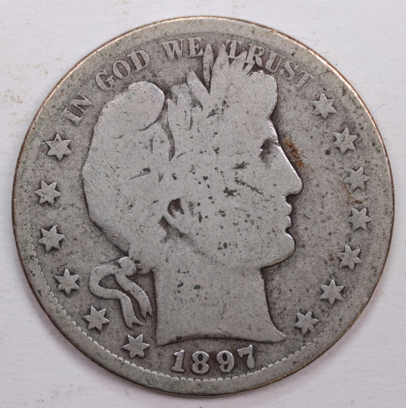 1897-S Barber Silver Half Dollar, Good Circulated Coin, Store #HR0444