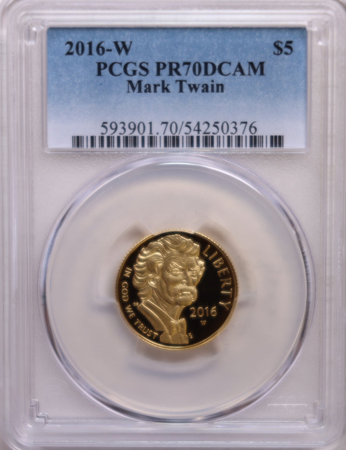 2016-W $5 Mark Twain, Gold Commemorative, Proof Strike, PCGS PF-70, Store #GMC298.