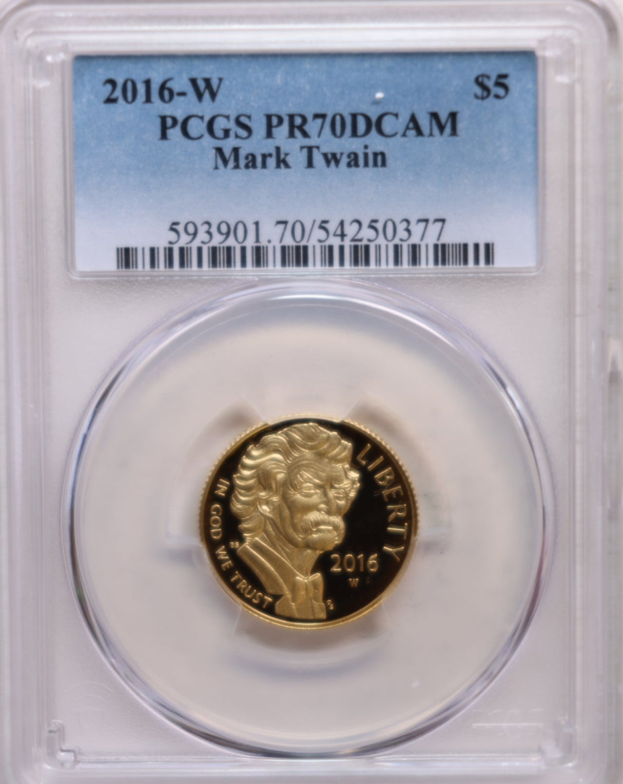 2016-W $5 Mark Twain, Gold Commemorative, Proof Strike, PCGS PF-70, Store #GMC298.