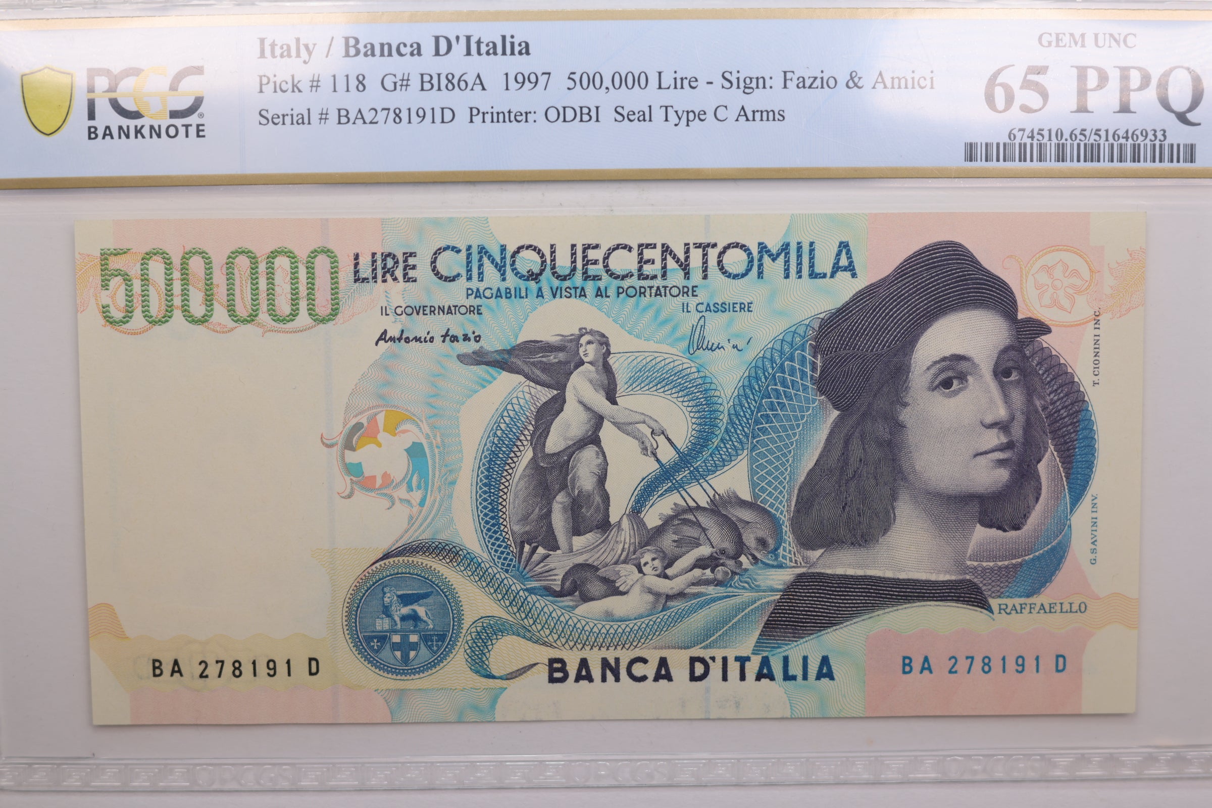 1997 Italy/Banca D'Italia., 500,000 Lire., PCGS CU-65., PPQ, Store #GWC006