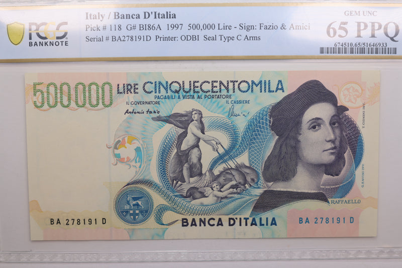 1997 Italy/Banca D'Italia., 500,000 Lire., PCGS CU-65., PPQ, Store