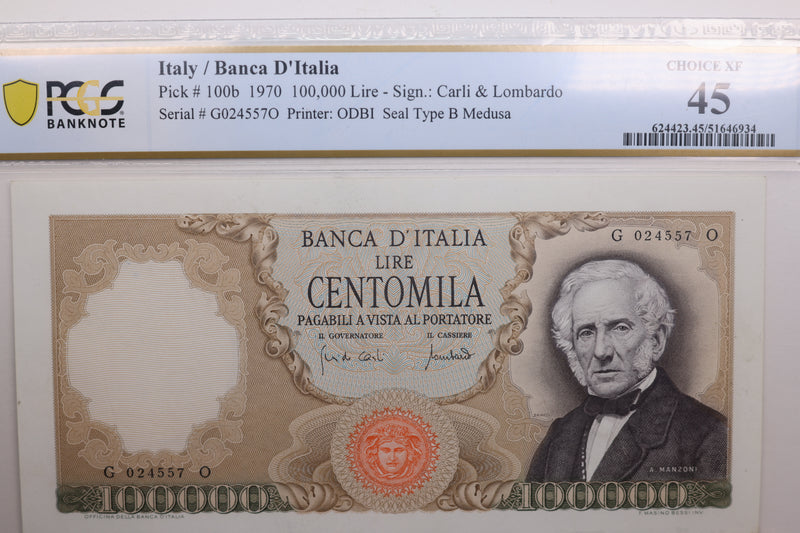 1970 Italy/Banca D'Italia., 100,000 Lire., PCGS XF-45., Store