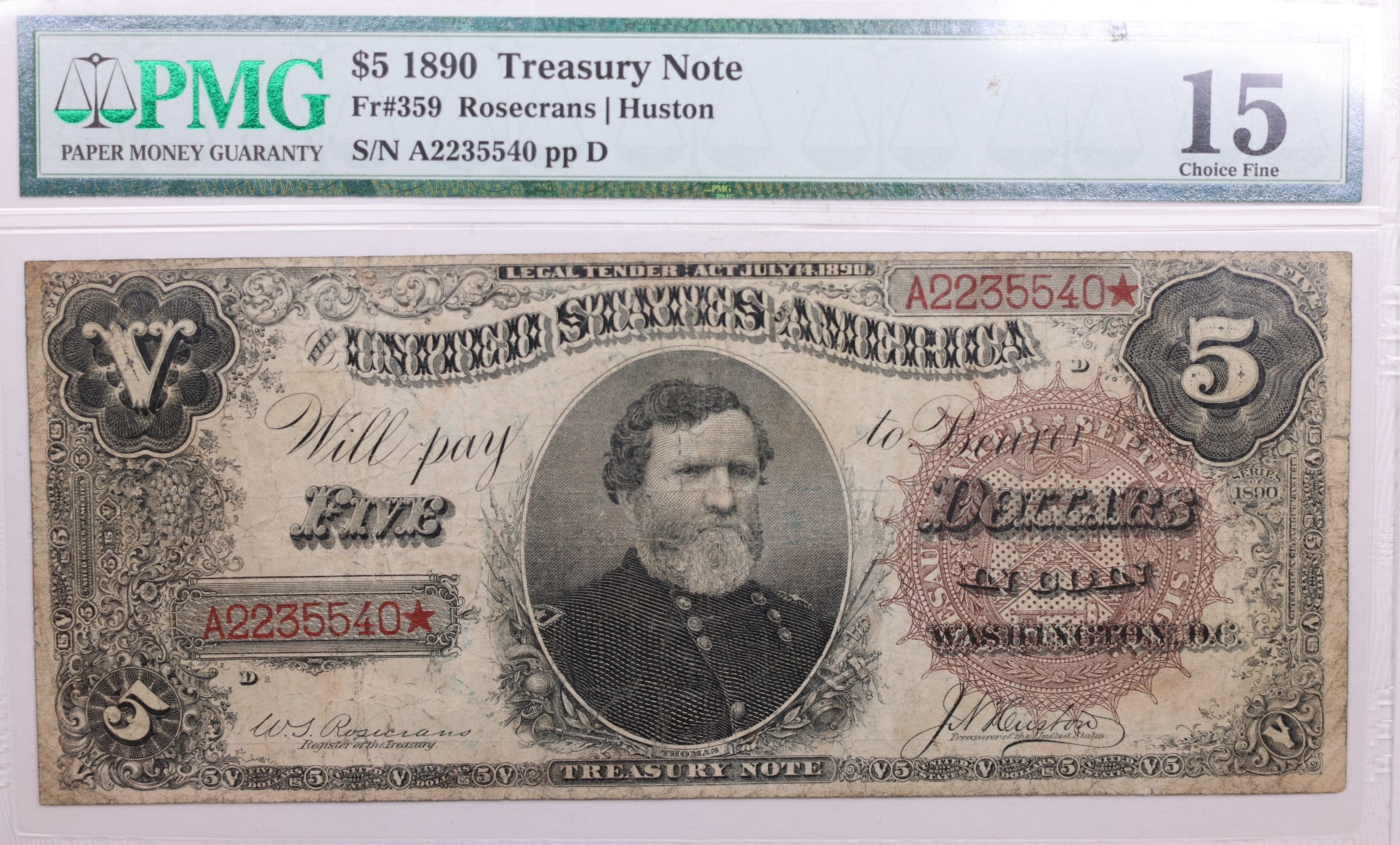 1890 $5., Treasury Note., PMG Fine 15., Nice Collectible Note. Store GTYN004