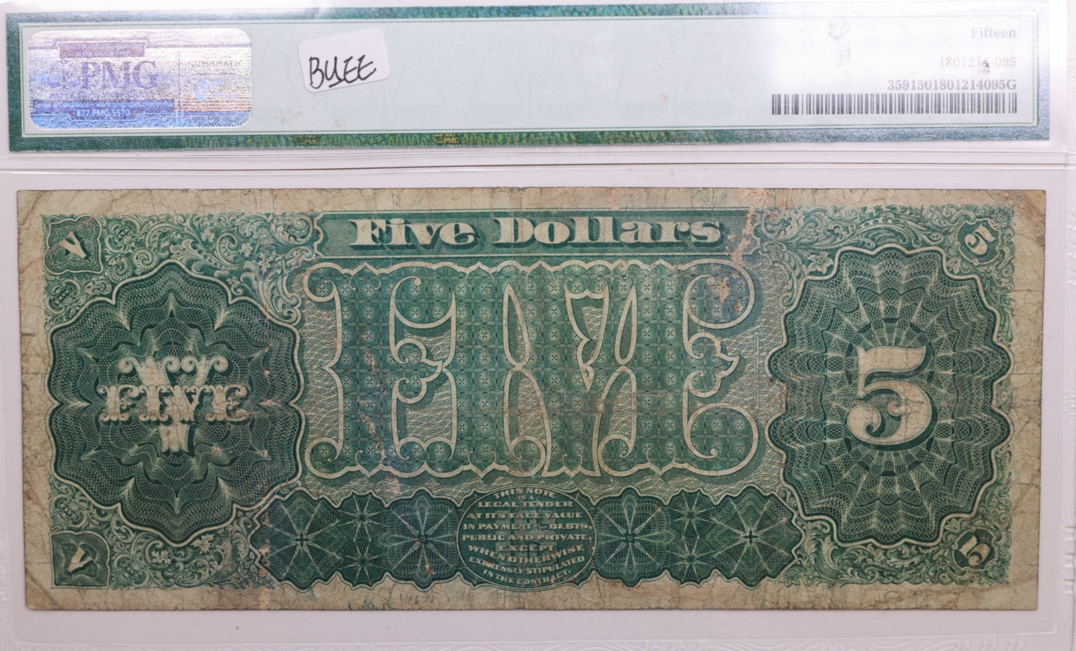 1890 $5., Treasury Note., PMG Fine 15., Nice Collectible Note. Store GTYN004
