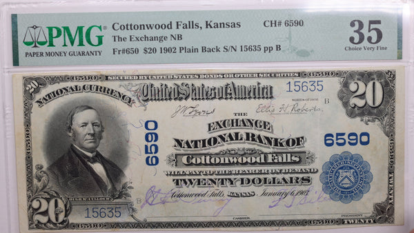 1902 $20., Plain Back., Cottonwood Falls, Kansas, PMG VF-35., LGNG021