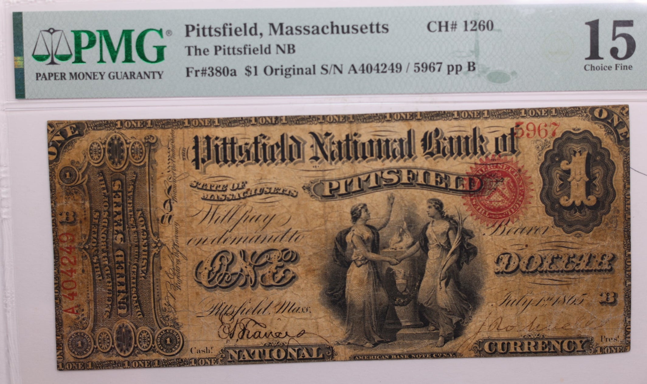 1865 $1, National Bank Note, Pittsfield, Massachusetts., PMG Fine 15., LGNG025