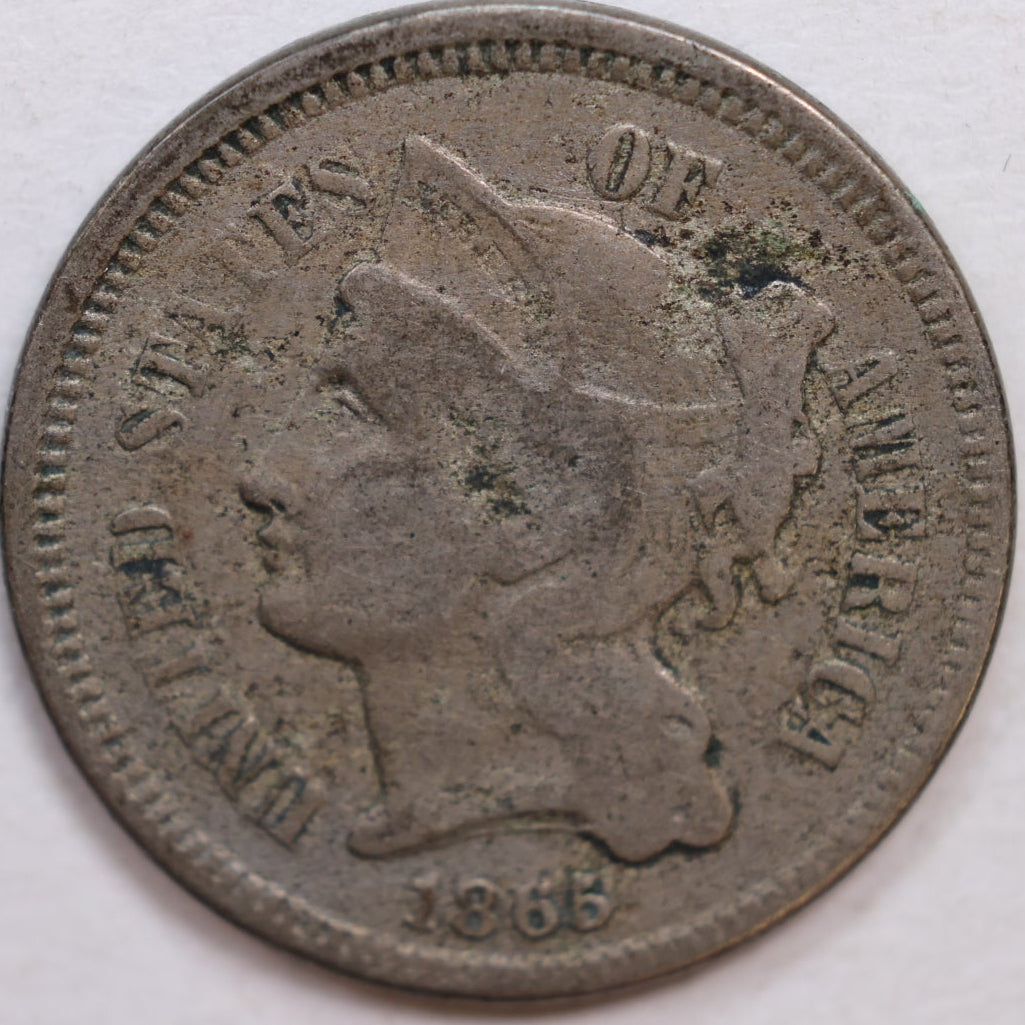 1865 Three Cent Copper Nickel, Very Good Circulated Coin, Store #3C012