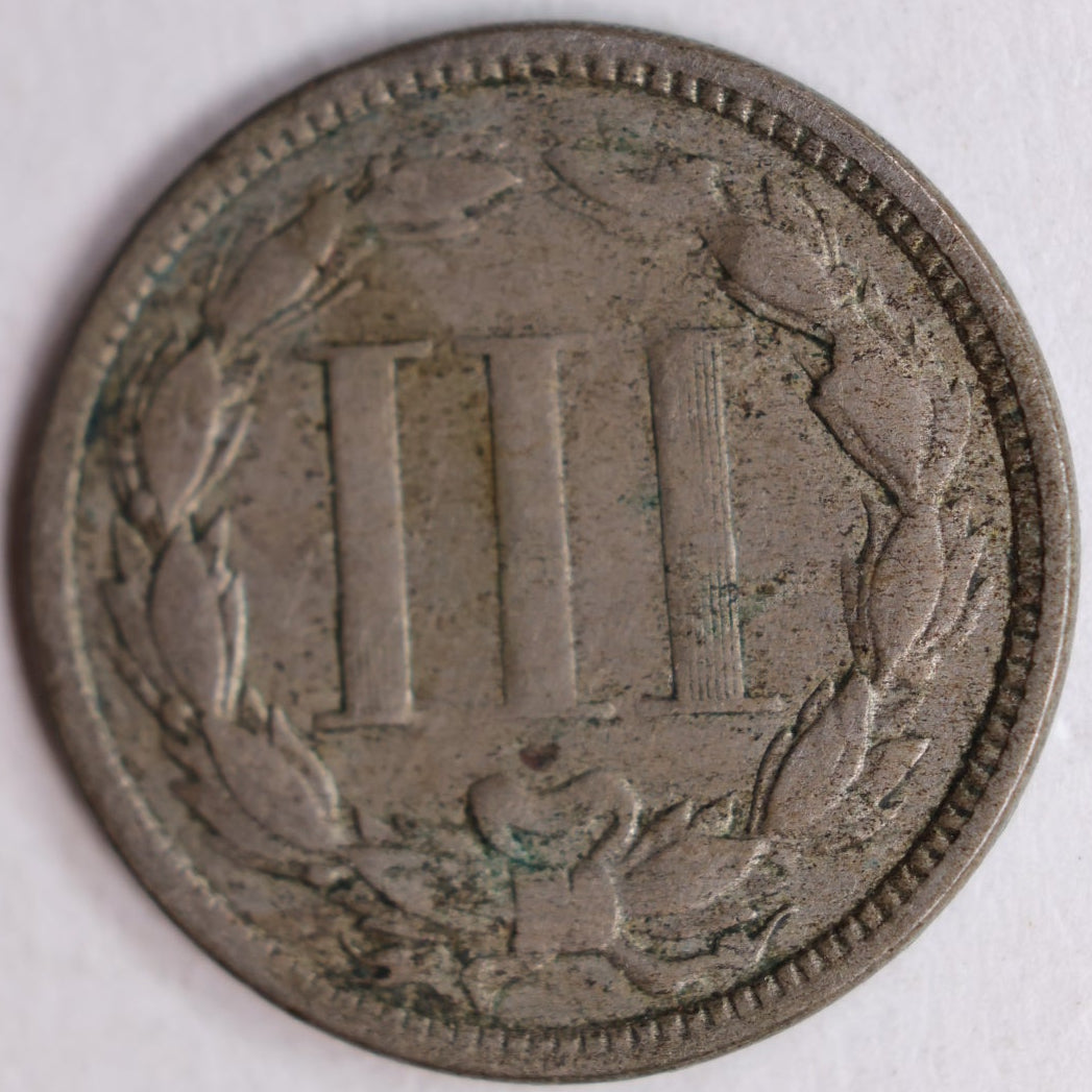 1865 Three Cent Copper Nickel, Very Good Circulated Coin, Store #3C012