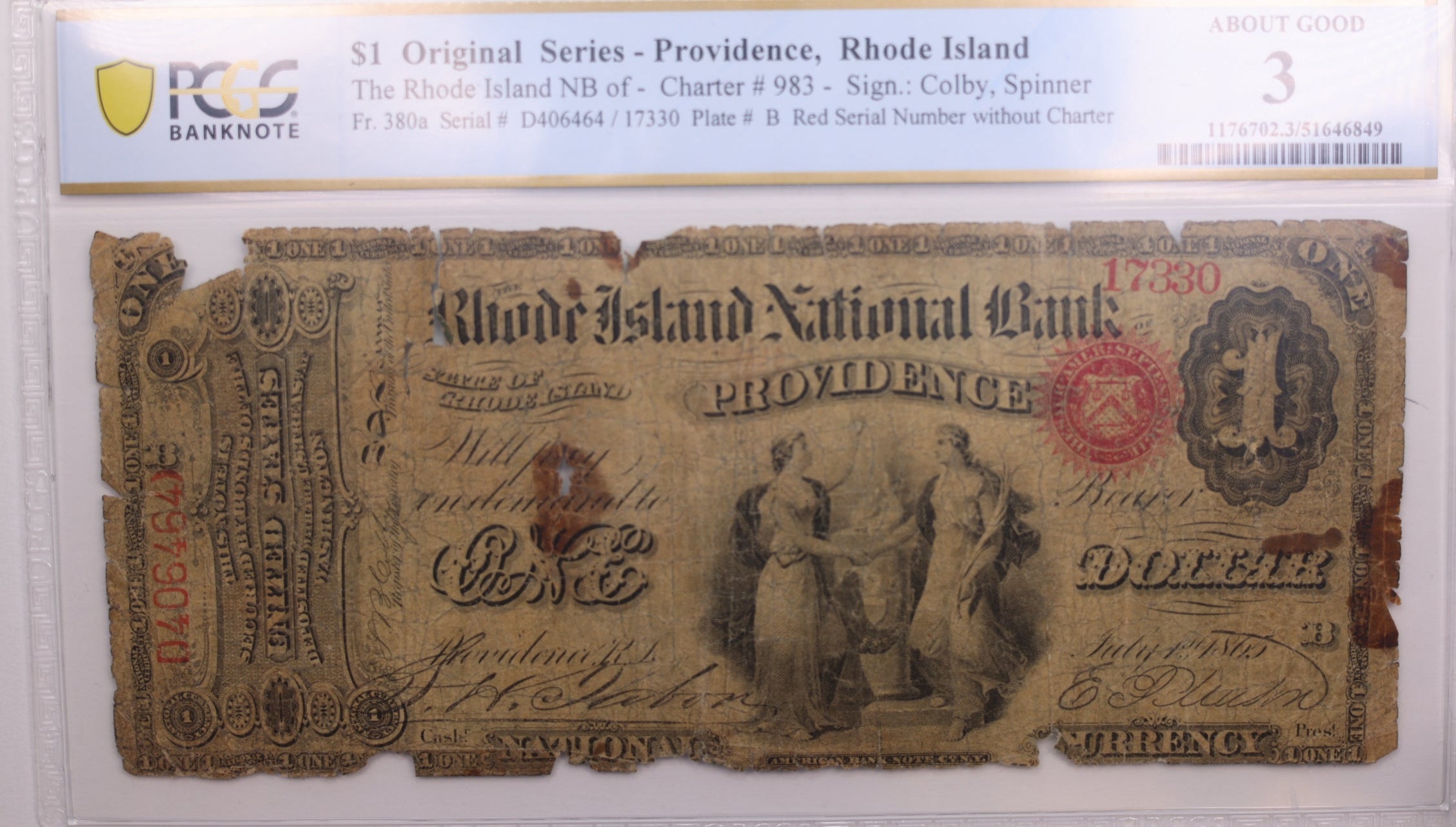 1865 $1., National Currency., Green Back., Providence, R.I., PCGS AG3., LGNG030