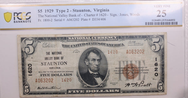 1929 $5., National Currency., Staunton, Virginia., PCGS VF25., #SGNB002