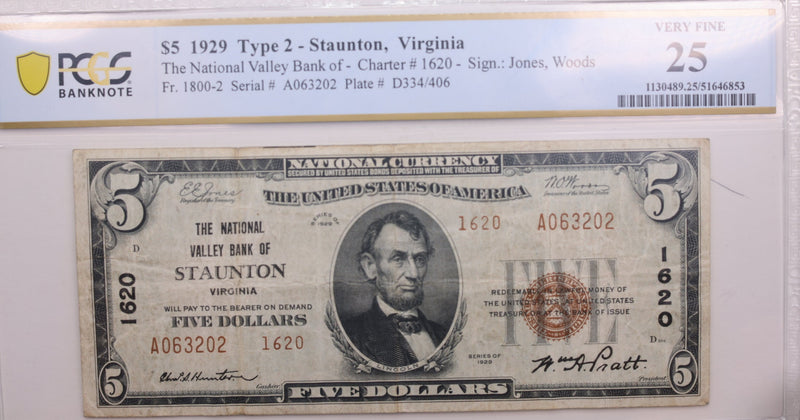 1929 $5., National Currency., Staunton, Virginia., PCGS VF25.,