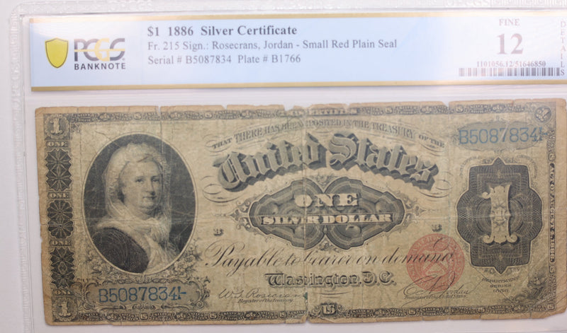 1886 $1., Silver Certificate., 'Martha'., FR: 215., PCGS F12., Store