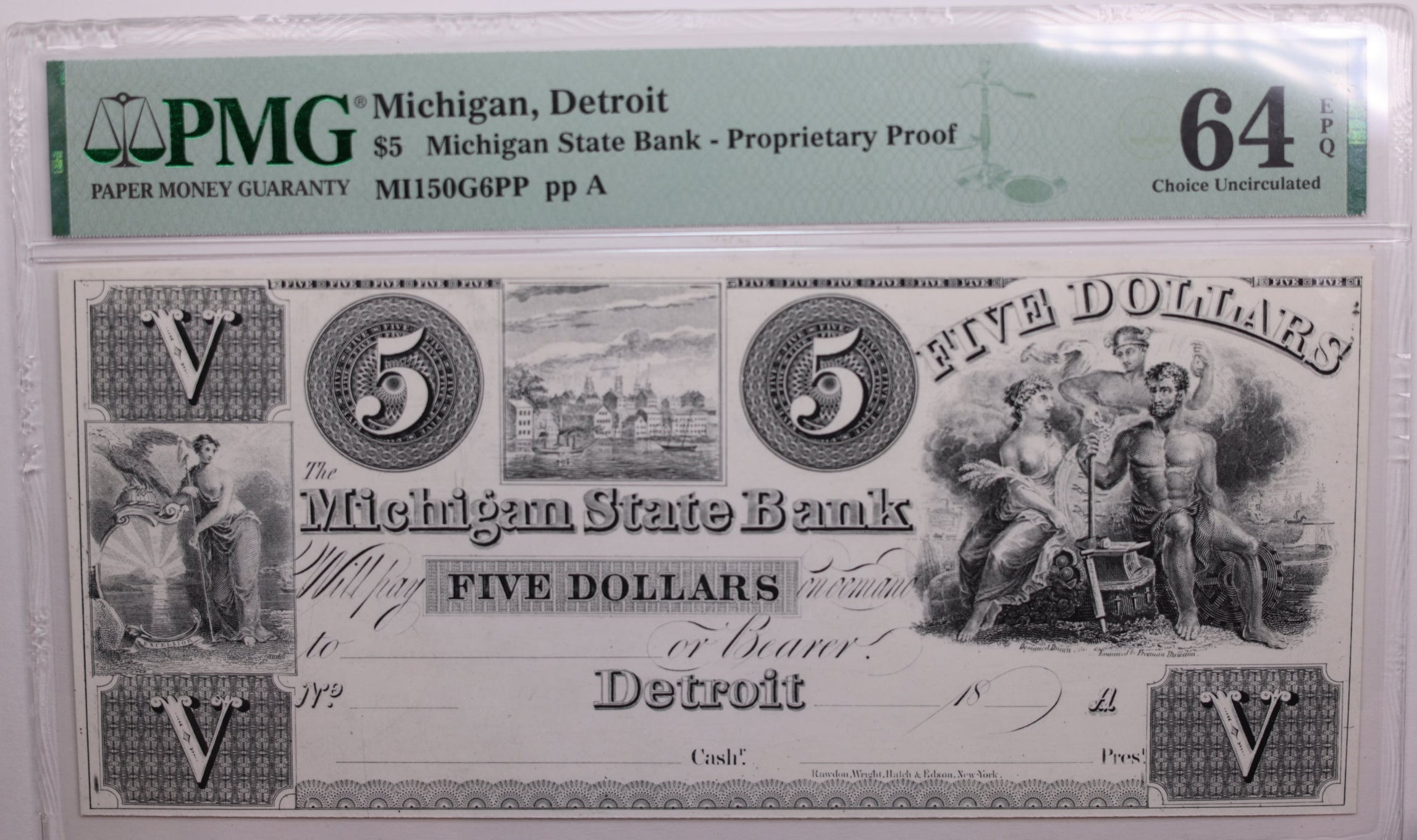 18__ $5 Detroit, Michigan., Obsolete Currency., PMG Proof CU64., Store #GMI071