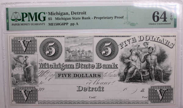 18__ $5 Detroit, Michigan., Obsolete Currency., PMG Proof CU64., Store #GMI071