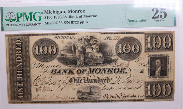 18__ $100, Monroe Michigan., RARE Obsolete Currency., PMG VF25., Store #GMI072