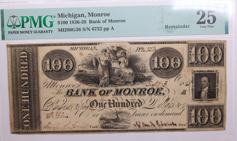 18__ $100, Monroe Michigan., RARE Obsolete Currency., PMG VF25., Store
