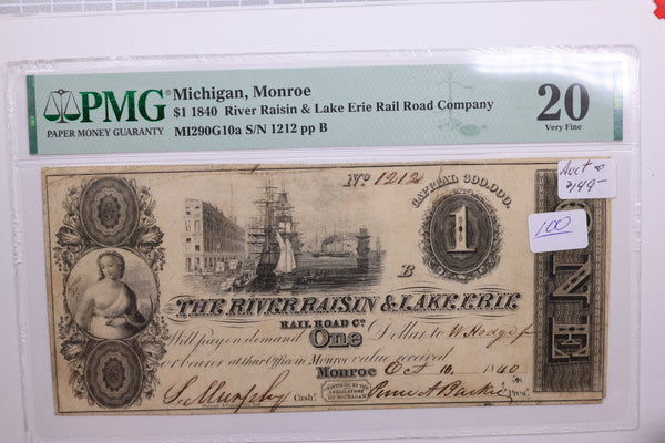 1840 $1, Monroe Michigan., Obsolete Currency., PMG VF20., Store #GMI073