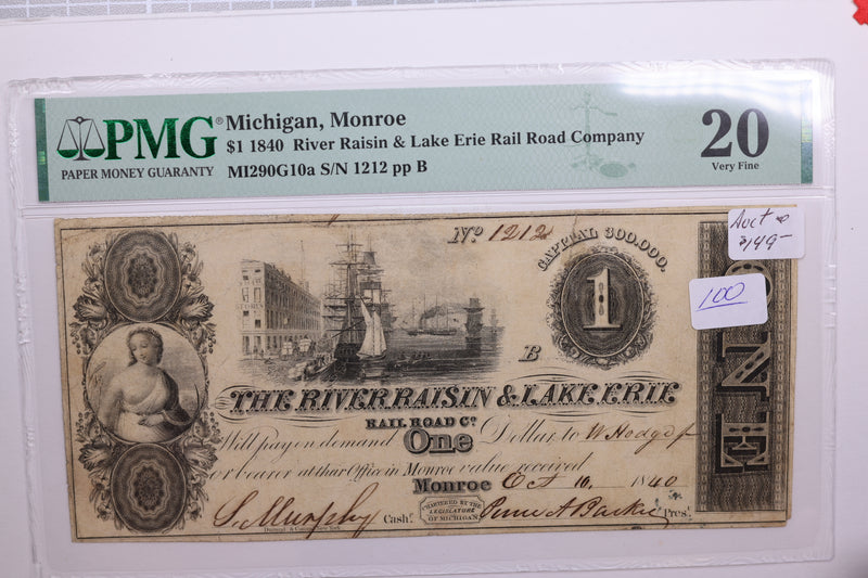 1840 $1, Monroe Michigan., Obsolete Currency., PMG VF20., Store