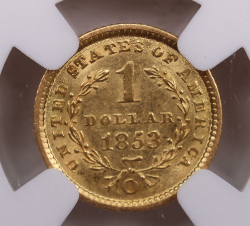 1853-O Liberty Head Gold Dollar., NGC MS-60., Store Sale #GGD001
