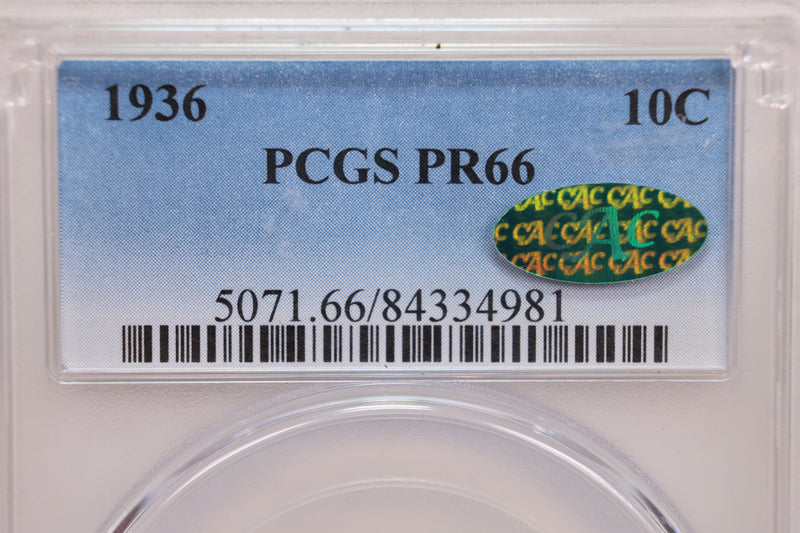 1936 Mercury Silver Dime., Proof Strike., PCGS PR66., CAC., Store
