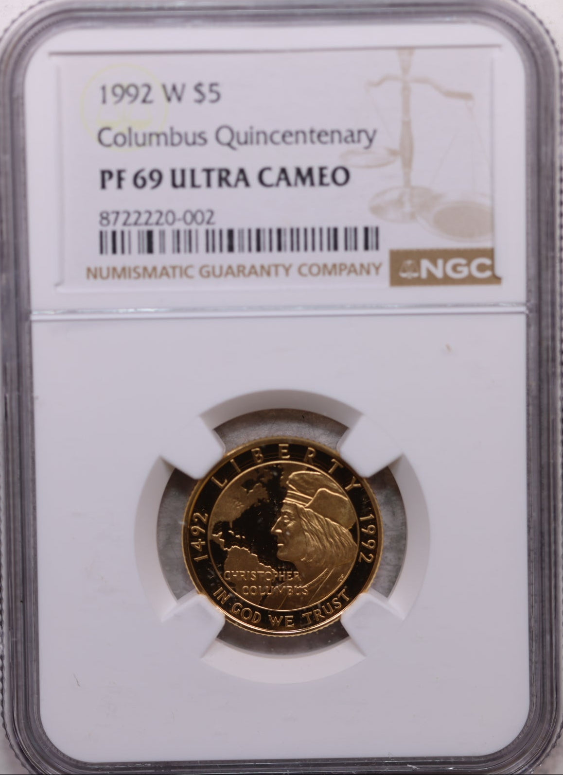 1992-W $5, Gold Commemorative, Proof Strike, NGC PF-69, Store #GMC004.